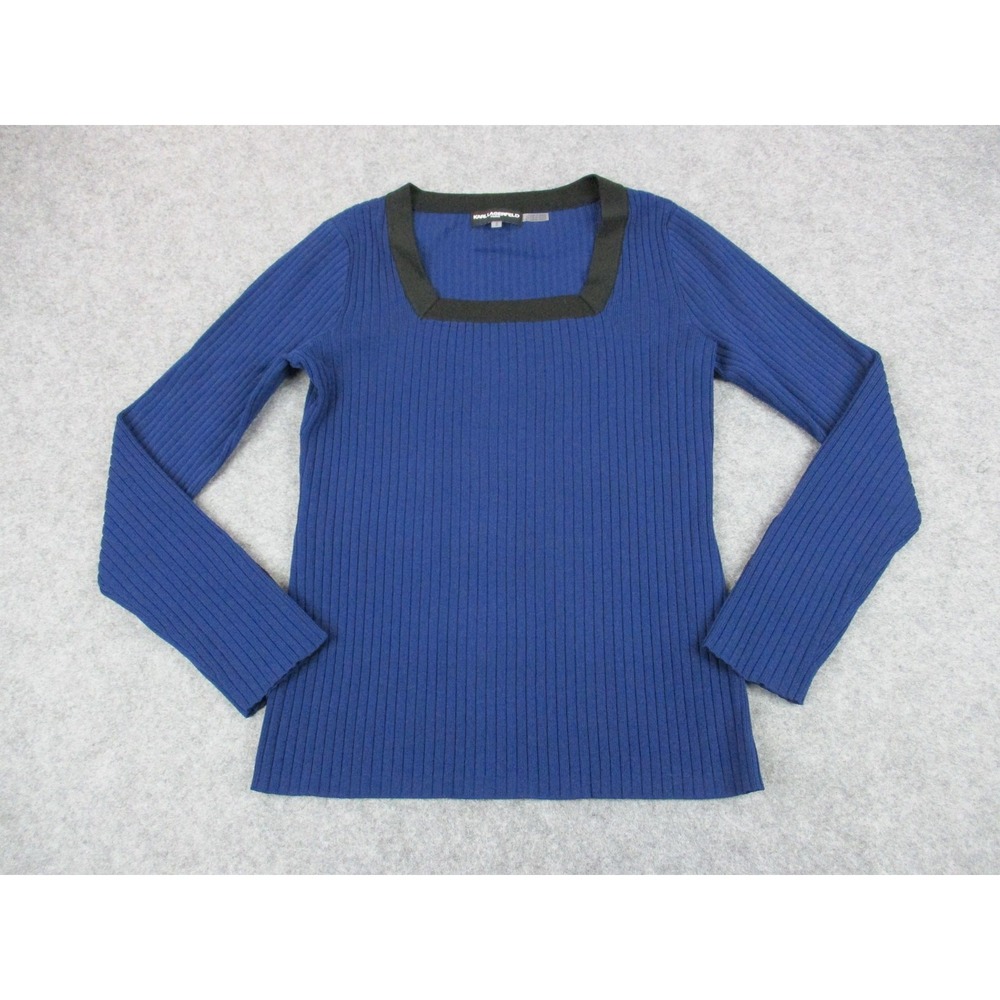 Karl Lagerfeld Blouse Womens Medium Blue Square Neck Knit Stretch Ribbed Top